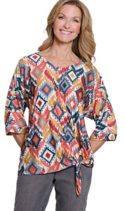 Cream, Green, Gold, Orange Abstract Pattern, V Neck, Short Sleeve, Side Tie Top by Multiples.