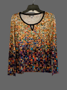 Multicolored Knit Pullover in Shades of Orange, Red, and Black with Black Trim on Neckline by Dolcezza.