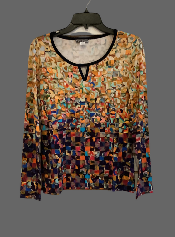 Multicolored Knit Pullover in Shades of Orange, Red, and Black with Black Trim on Neckline by Dolcezza.
