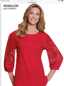 Garnet Scoop Neck Top with 3/4 Embroidered Sleeves by Multiples.