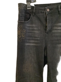 Black Denim Zip Front Jeans w/ Front, Back Pockets and Bronze Embossed Flowers by Orly.