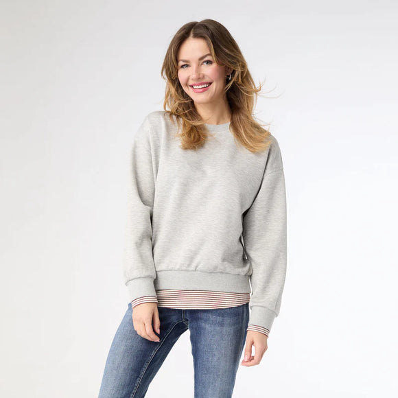 Heather Grey, Round Neck Bedazzled Sweatshirt w/Burgundy Striped Under Layer on Hem and Cuffs by Coco + Carmen