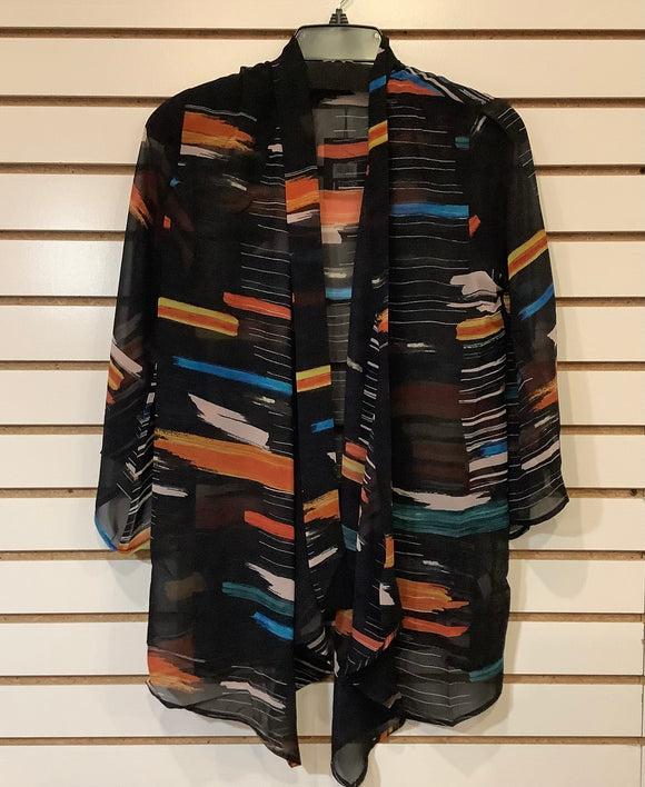 Black Multi-Colored Kimono Style, Sheer Jacket with 3/4 Sleeves by Lior of Paris