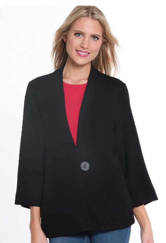 Black Waffled Textured, 3/4 Flare Sleeve, 2-Pocket, 1 Button Front, Jacket by Multiples.