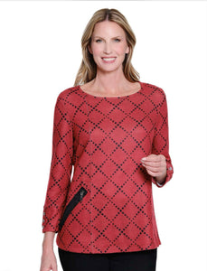 Red w/Black Dotted CrissCross Pattern, Scooped Neck 3/4 Sleeve Tunic w/Zipped Pocket by Multiples.