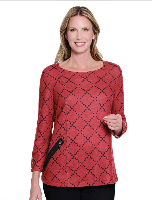 Red w/Black Dotted CrissCross Pattern, Scooped Neck 3/4 Sleeve Tunic w/Zipped Pocket by Multiples.