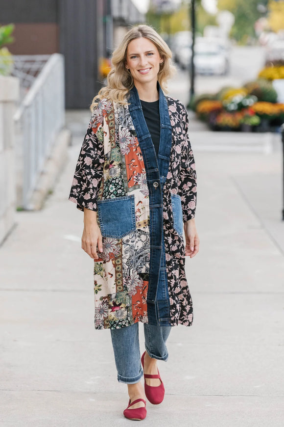 Boho Eclectic Patchwork Print, Long Jacket w/Recycled Vintage Denim Trim by Shannon Passero.