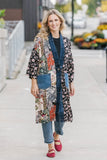 Boho Eclectic Patchwork Print, Long Jacket w/Recycled Vintage Denim Trim by Shannon Passero.