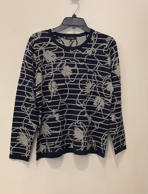 Navy Round Neck, Long Sleeve, Lite Grey Horizontal Stripe Graphic Floral Design Sweater by Sunday.