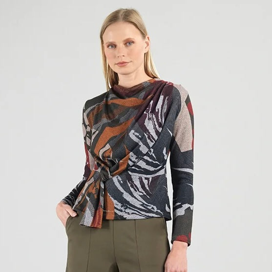 Multicolor Fall Shades of Burgundy, Olive and Tan Geometric print with Draped Neck, Long Sleeve and Loop Front by Clara Sun Woo.