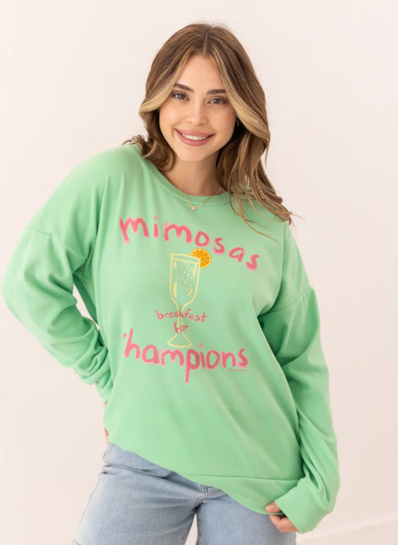 Seafoam Green Round Neck “Mimosa Breakfast for Champions” T-Shirt w/ Long Sleeves by Southern Grace.