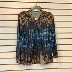 Abstract Blue/Brown, Long Sleeve Top w/Partial Zip Front by Clotheshead.