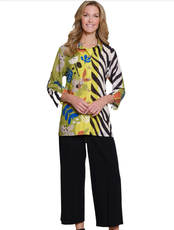 Black/Green/Gold Floral and Stripe Button Front Blouse w/Faux Wood Buttons ,3/4 Turn-up Sleeve and Hi-Lo Hem by Multiples.