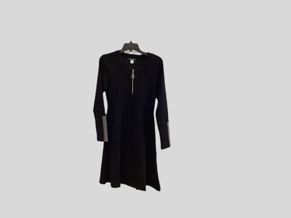 Super Soft Black Scoop Zippered Neck, Flared Dress w/ Black and White Chevron Cuff Accent By Dolcezza.