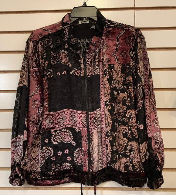 Black/Mauve Paisley, Semi Sheer, Long Sleeve Zipper Jacket by Lior of Paris.