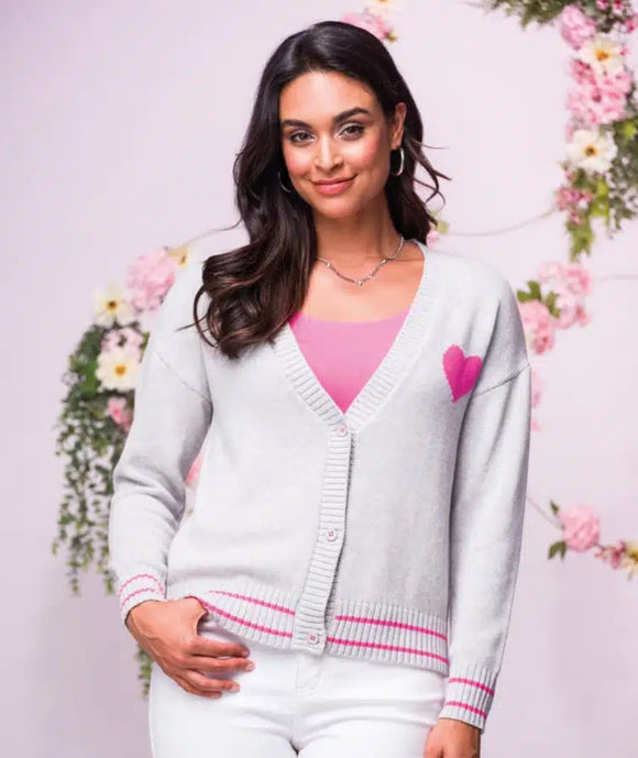 Silver V-Neck Button Front Sweater w/Fuchsia  Heart Front and Back, Fuchsia Trim Hem/Sleeve by Elena Wang.