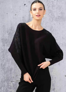 Black Round Neck, Long Sleeve Sweater w/Subtle Bling on Shoulder and Sleeves by Alison Sheri.