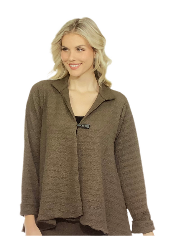 Olive Textured Knit, Stand-up Collar, Single Toggle Closure Jacket  w/High/Lo Hem by Inoah.