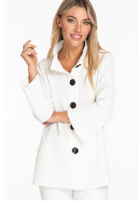 White Wired Standup Collar, Waffled Jacket w/ 3/4 Flounce Sleeves and Contrasting Black Buttons, Side Pockets by Multiples.