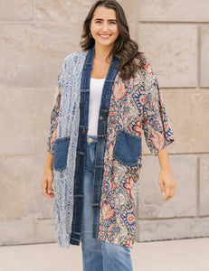 Navy/Rust Multi Colored and Multi Print Cardigan Style Long Top w/ Denim Trim by Shannon Passero