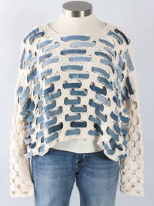 Cream Short Bulky Knit Sweater w/Enter Woven Denim Strips by Shannon Passero.