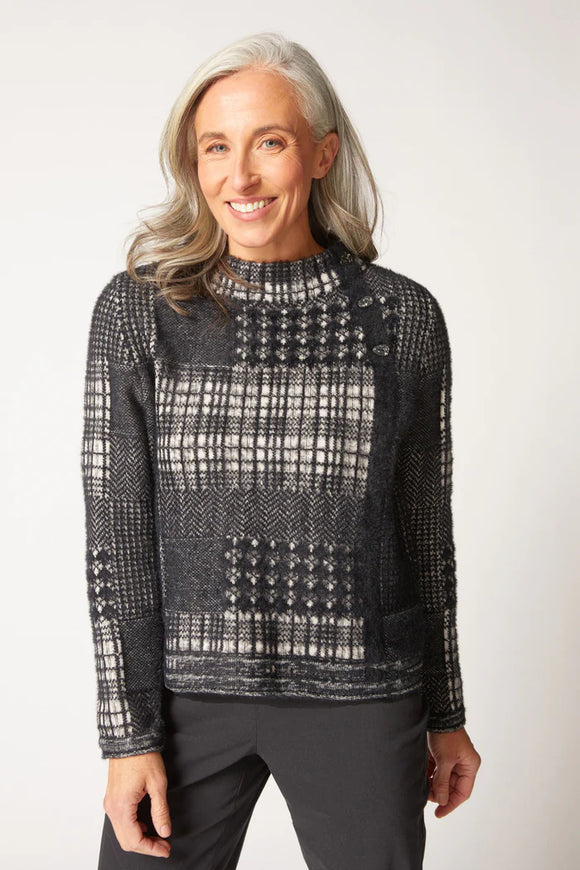 Black/White Plaid Patchwork Pattern, Standup Neck, Long Sleeve Pullover Sweater by Habitat.