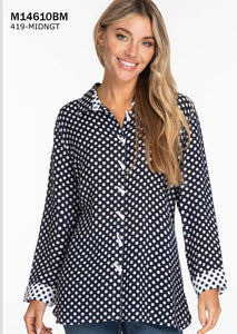 Blue/White Polka-Dot Button Front, Long Sleeve Blouse with Front and Back White Button Detail by Multiples.