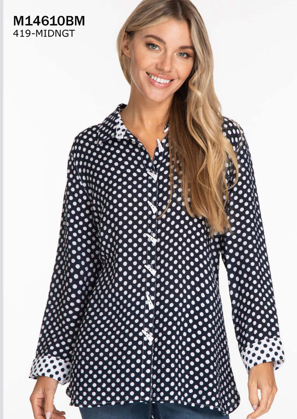Blue/White Polka-Dot Button Front, Long Sleeve Blouse with Front and Back White Button Detail by Multiples.