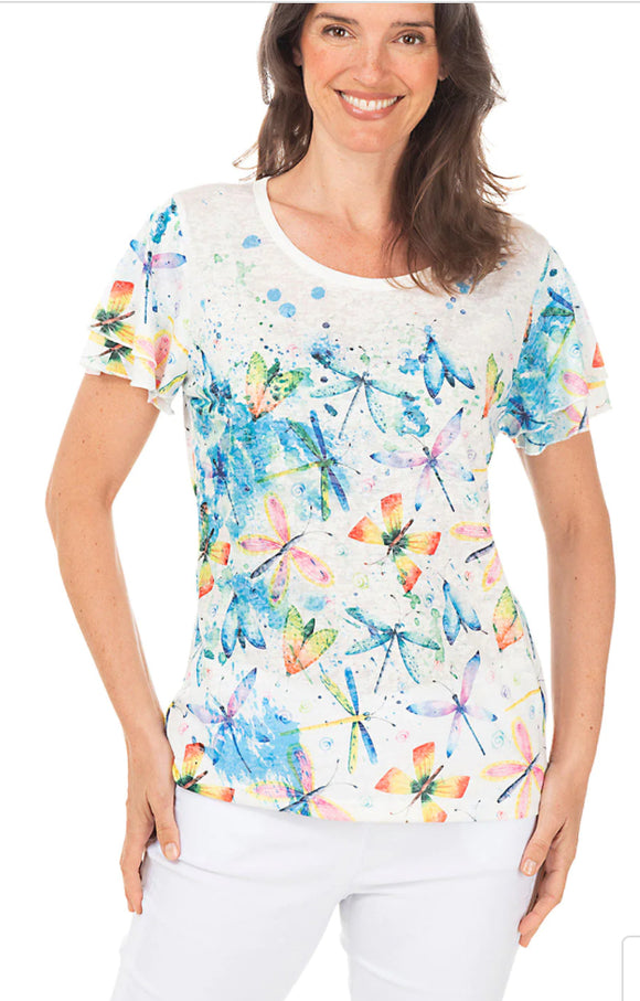 Multi-Colored Dragonfly Burnout Print W/Flutter Sleeve Tee by Clotheshead.