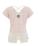 Green, Orange, Turquoise Scoop Neck with Back CrissCross Detail, Short Sleeve Top By Dolcezza.