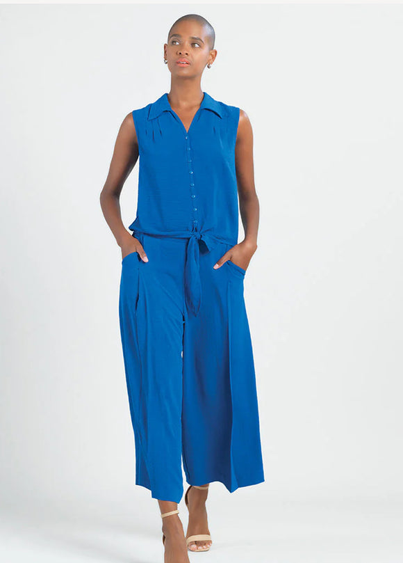 Cobalt Soft Textured Rayon Sleeveless Button Front Top w/Tie Hem by Clara Sun Woo.