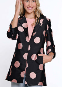 Black Lined, Lapel Collar Long Jacket w/ Blush Dots and 3/4 Sleeves by Multiples.