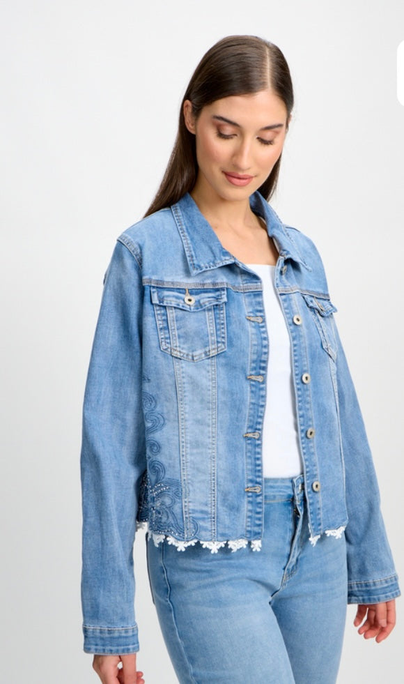 Lite Blue Denim Button Front Jacket w/Daisy Cutout, Bling Accent and Flowered Lace Trim on Bottom by Orly.