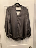 Grey with Dark Charcoal Stripe Button Front, Long Sleeve Blouse by Lior.  Has V-Neck and Twist Knot Detail on Back.