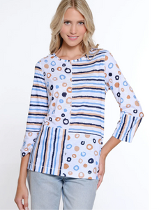 3/4 Sleeve Scoop Neck Multiple Panel Top with Navy, Gold and Light Blue Stripes and Circle Pattern by Multiples.