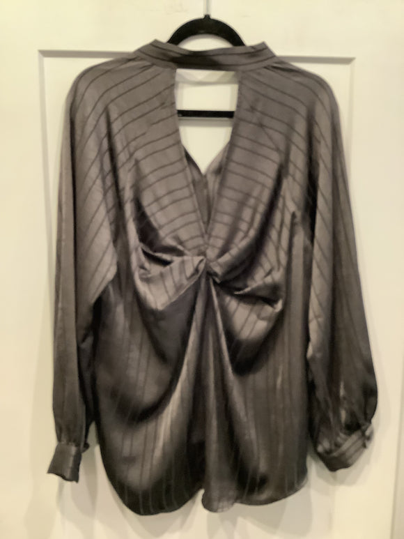 Grey with Dark Charcoal Stripe Button Front, Long Sleeve Blouse by Lior.  Has V-Neck and Twist Knot Detail on Back.