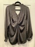Grey with Dark Charcoal Stripe Button Front, Long Sleeve Blouse by Lior.  Has V-Neck and Twist Knot Detail on Back.