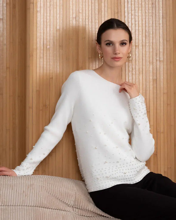 Off-White Boat Neck, Long Sleeve Sweater w/Pearls on Front and Sleeves by Alison Sheri.