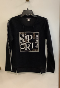 Super Soft Black Drawstring Crew Neck Pullover w/ Black and White Chevron Sleeve Accent and Embroidered Sport Logo w/a Touch of Bling by Dolcezza.