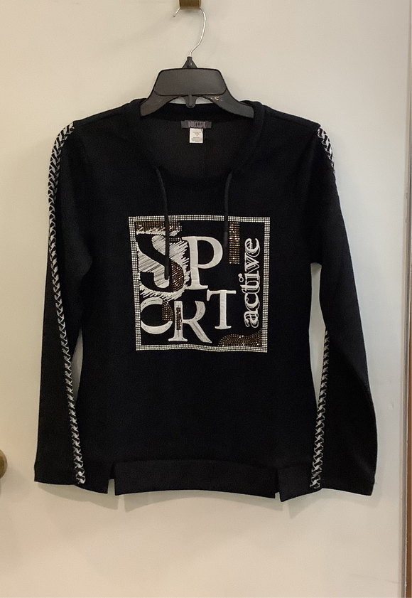 Super Soft Black Drawstring Crew Neck Pullover w/ Black and White Chevron Sleeve Accent and Embroidered Sport Logo w/a Touch of Bling by Dolcezza.