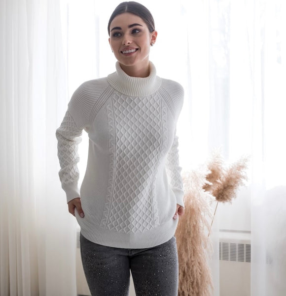 Cream Turtle Neck Sweater with Basket Weave Front by Alison Sheri.