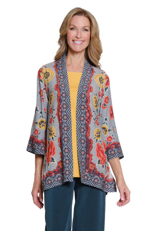 Cream/Grey/ Gold Floral Graphic Print Top w/Subtle Sparkle, 3/4 Flounce Sleeve and Bateau Neck by Multiples.