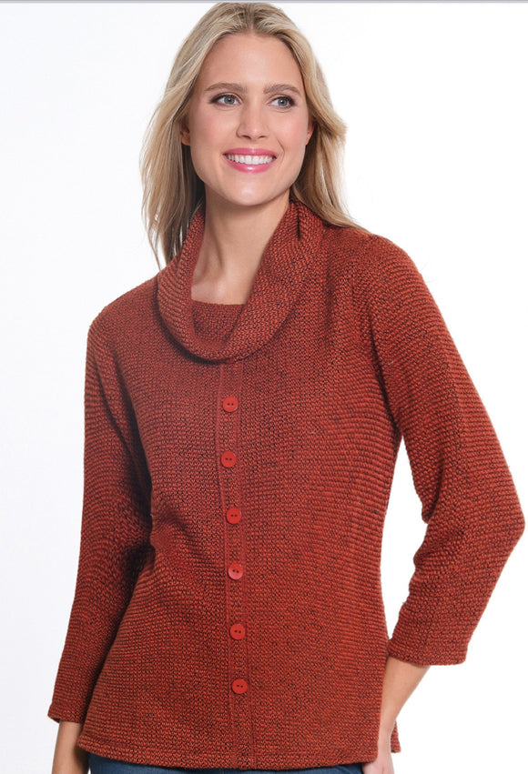 Cinnamon/Black Variegated, 3/4 Sleeve, Cowl Neck Top w/Faux Button Front by Multiples.