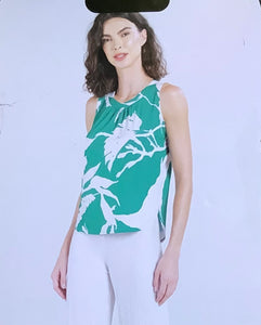 Emerald Green/Ivory Round Gathered Neck, Sleeveless Top by Clara Sun Woo.