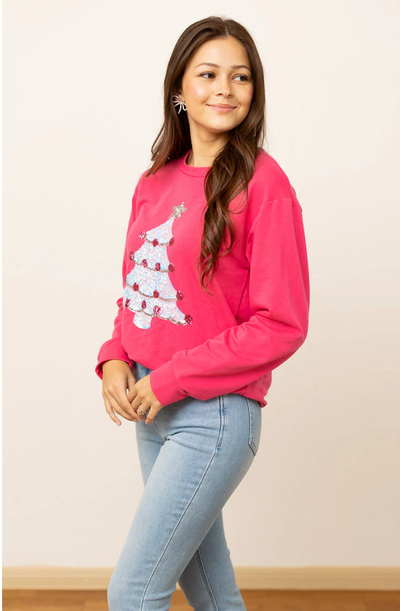 Hot Pink Long Sleeve T-Shirt w/Appliquéd Christmas Tree by Grace & Emma