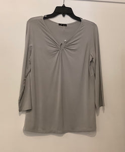 Grey 3/4 Sleeve, Cutout Gathered V Neck w/Silver and Pearl Accent Top by Orly.