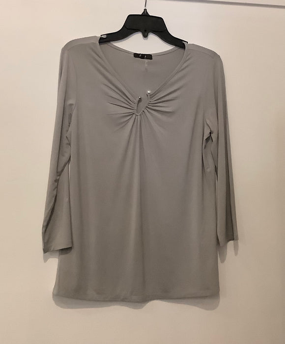 Grey 3/4 Sleeve, Cutout Gathered V Neck w/Silver and Pearl Accent Top by Orly.