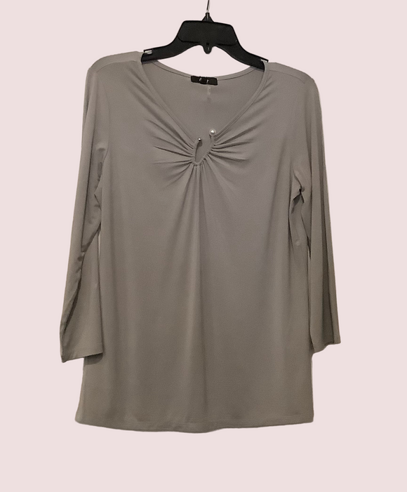Grey 3/4 Sleeve, Cutout Gathered V Neck w/Silver and Pearl Accent Top by Orly.
