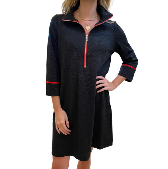 Black, Long Sleeve, Zipper Neck, Dress w/Side Pockets and Red Trim Accent on Neck, Sleeve by Lior of Paris.