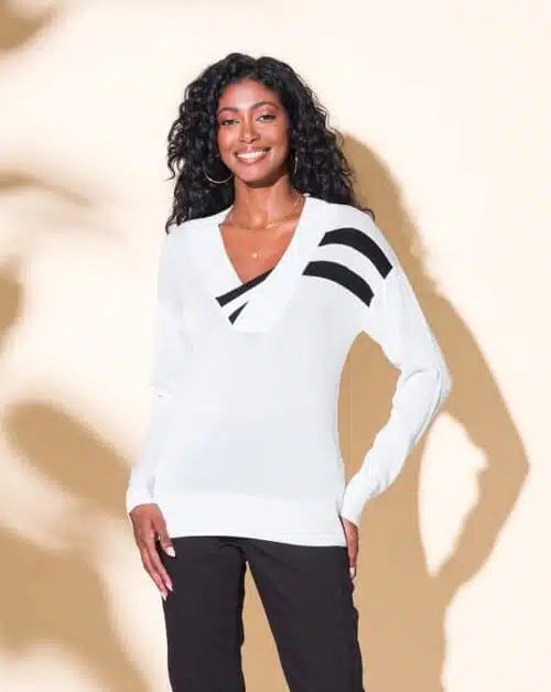 White V Neck, Long Sleeve Sweater w/Black Stripe Detail by Alison Sheri.
